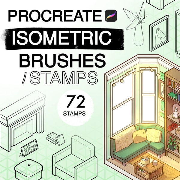 Isometric Procreate Stamps || living room edition || Brushes, Samples, Digital Interior Design Art