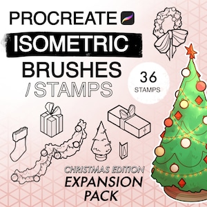 Könnte beinhalten: Ein Set mit 36 isometrischen Weihnachts-Pinseln und -Stempeln für Procreate. Das Bild zeigt eine Vielzahl von weihnachtlichen Illustrationen, darunter einen Weihnachtsbaum, Geschenke, Kränze und Girlanden. Der Text "Christmas Edition Expansion Pack" ist ebenfalls im Bild enthalten.