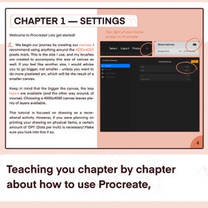 May include: A tutorial page from a Procreate guide, titled "Chapter 1 - Settings." The page includes instructions on canvas size, with a screenshot of the app's interface. The text explains the importance of canvas size for digital art.