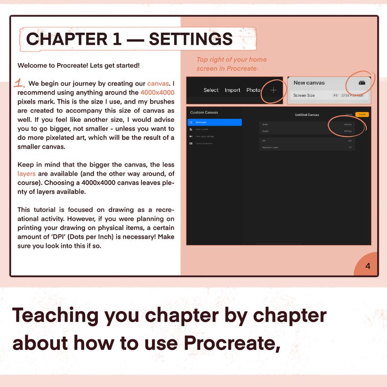 May include: A tutorial page from a Procreate guide, titled "Chapter 1 - Settings." The page includes instructions on canvas size, with a screenshot of the app's interface. The text explains the importance of canvas size for digital art.