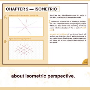 May include: Page from a textbook on drawing, titled "Chapter 2 - Isometric." It features diagrams illustrating one-point and isometric perspective, with text explaining the concepts. The page is tan with black text and diagrams.