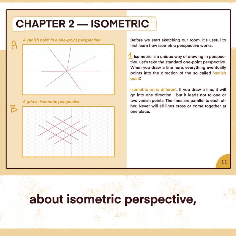May include: Page from a textbook on drawing, titled "Chapter 2 - Isometric." It features diagrams illustrating one-point and isometric perspective, with text explaining the concepts. The page is tan with black text and diagrams.