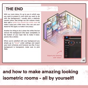 May include: A page from a tutorial on drawing isometric rooms. The text reads "THE END" and includes instructions on exporting drawings. An illustration of a room is shown, along with the text "and how to make amazing looking isometric rooms - all by yourself!"