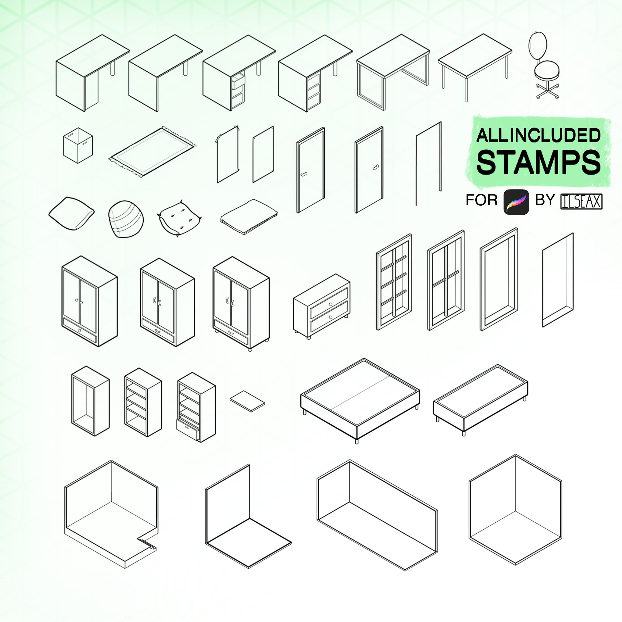Isometric Procreate Stamps || Bedroom Essentials Edition || Brushes ...