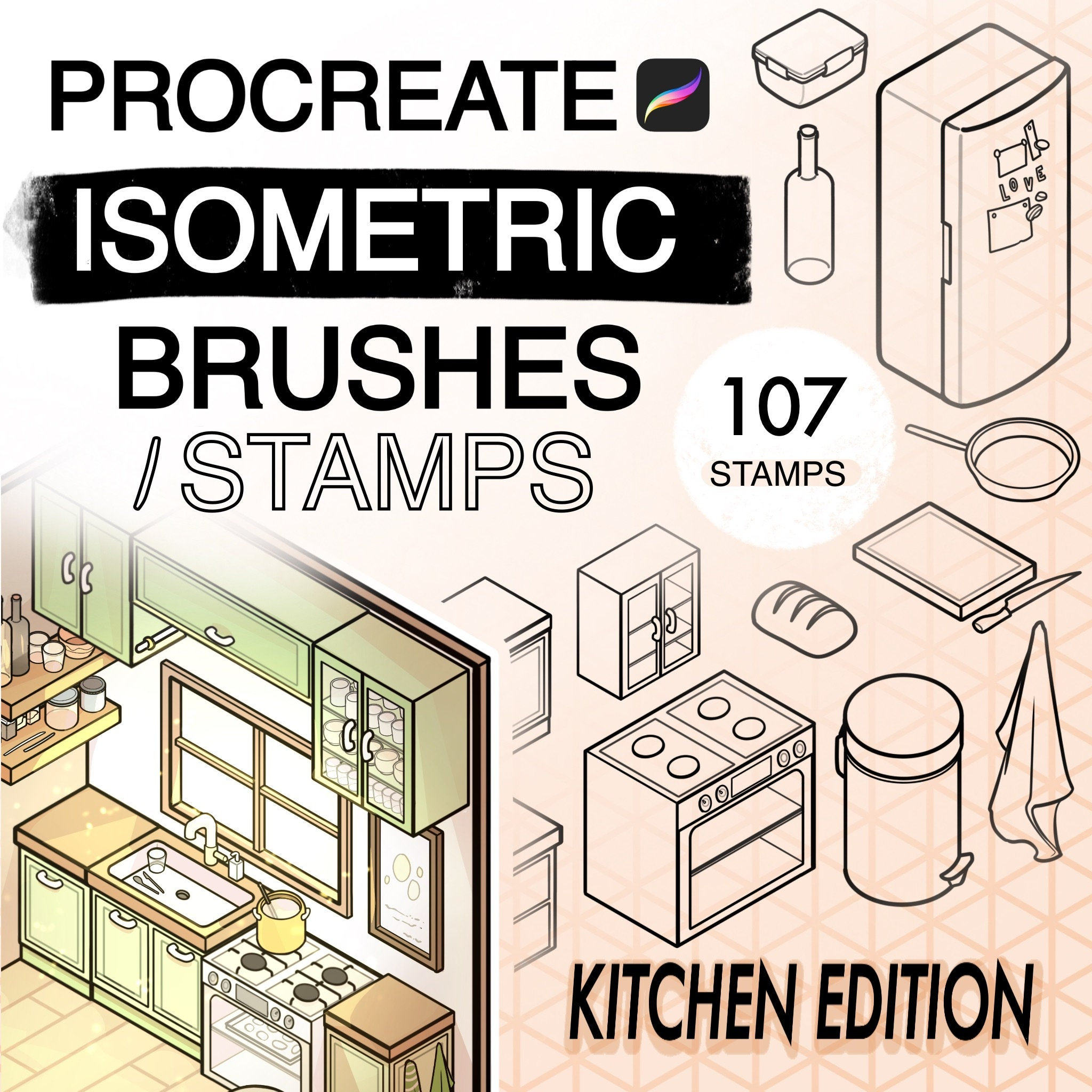 Isometric Kitchen Procreate Stamps – 107 Brushes for Interior Design Sketches