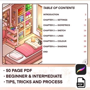 May include: Digital art tutorial PDF with a cozy illustration of a room with art supplies. The table of contents lists chapters on settings, isometrics, sketch, lines, color, and shading. Includes tips, tricks, and process information for beginner and intermediate artists.