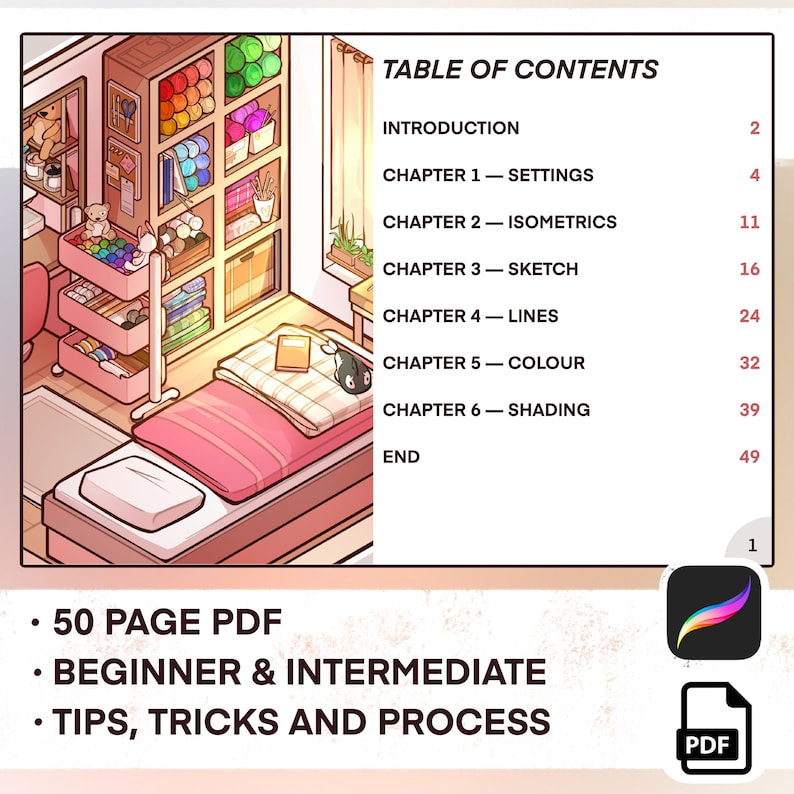 May include: Digital art tutorial PDF with a cozy illustration of a room with art supplies. The table of contents lists chapters on settings, isometrics, sketch, lines, color, and shading. Includes tips, tricks, and process information for beginner and intermediate artists.
