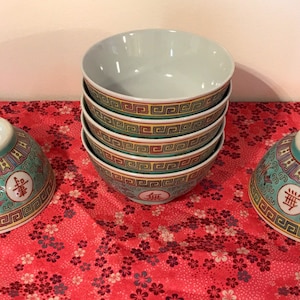 Vintage Jingdezhen rare turquoise green  mun shou wan shou wu jiang Longevity porcelain rice bowl soup bowl hand painted crafted