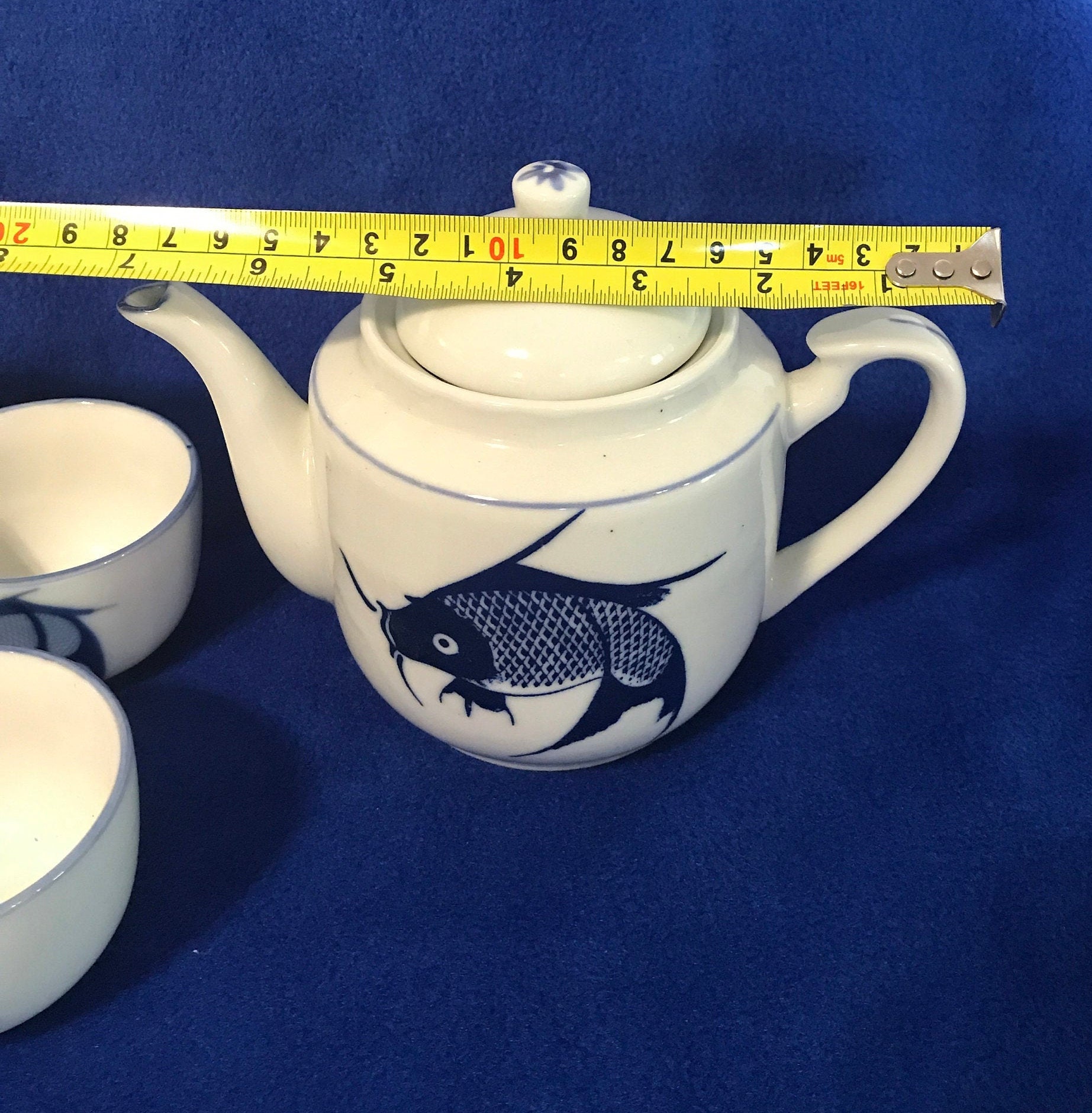 Vintage Big Blue White Koi Fish Porcelain Teapot Blue White China