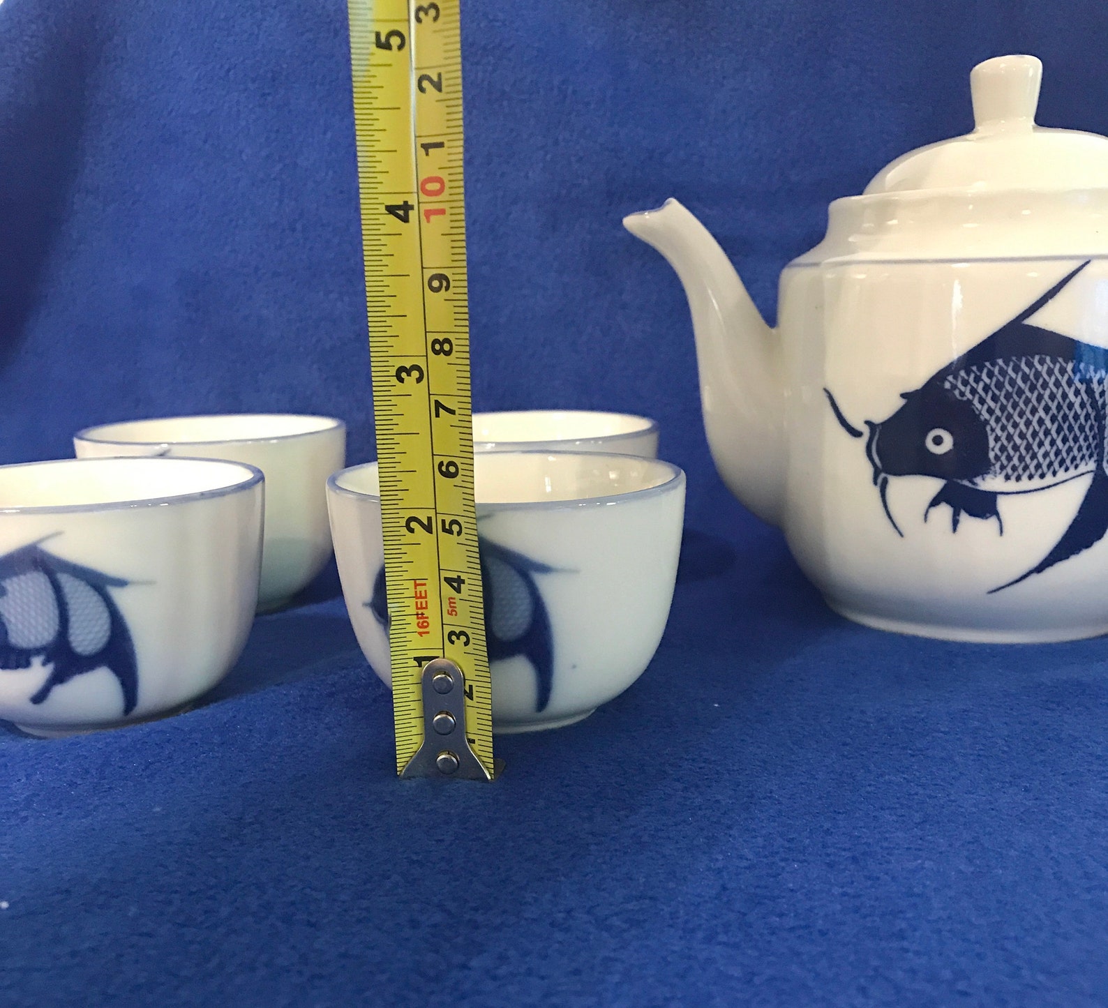 Vintage Big Blue White Koi Fish Porcelain Teapot Blue White China