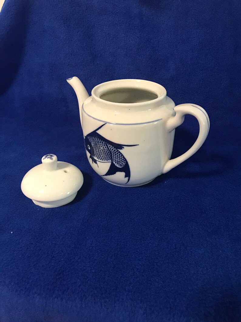 Vintage Big Blue White Koi Fish Porcelain Teapot Blue White China