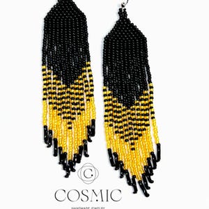 Black beaded earrings, Bohemian Black and gold Beaded Fringe Earrings - Handmade Dangle Statement Jewelry, Long Dangle Native Inspired Gift