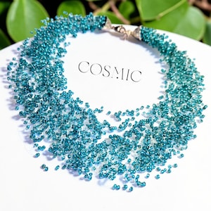 Turquoise Beaded Necklace, Multistrand Bib Necklace, Unique Handmade Choker, Long Glass Jewelry Gift