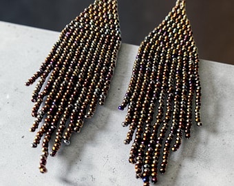 Bronze Seed Bead Earrings, Long Fringe Handmade Earrings, Statement Gift Woman, Boho Dangle Jewelry