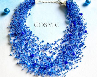 Layered Blue Choker, Handmade Glass Necklace, Charming Beaded Statement Jewelry, Blue Collar Gift
