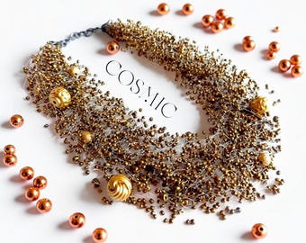 Bronze Beaded Necklace, Layered Brown and Golden Choker, Statement Seed Beads Necklace for Gift