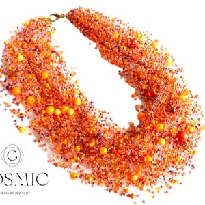 Handmade Orange Beaded Statement Necklace: Czech Glass Beads