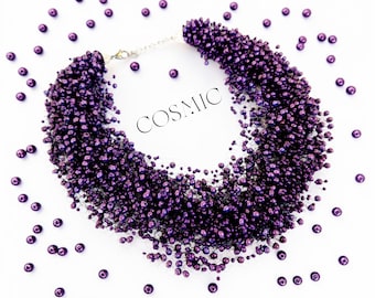 Eggplant Purple Beaded Statement Necklace, Airy Crochet Choker, Dark Violet Beaded Jewelry, Gift Women