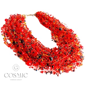 Red black necklace, wide beaded necklace, chunky red gift necklace, layered crochet necklace, large beads necklace, personalized jewelry