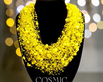 Yellow Beaded Necklace, Airy Statement Choker, Chunky Bib Necklace, Handmade Glass Bead Jewelry Gift