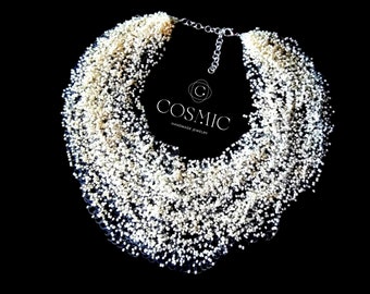 Chunky Beige Seed Bead Crochet Necklace: Boho Statement Jewelry