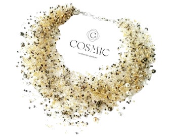 Gold Beaded Choker: Crochet Statement Necklace, Handmade Czech Beads