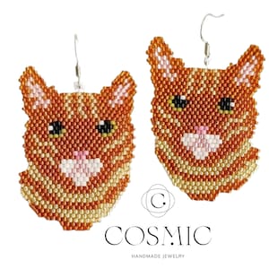 Handmade Beaded Orange Cat Earrings: Sterling Silver Hooks
