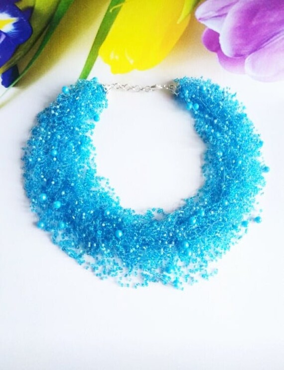 Air necklace light blue handmade beaded Jewelry blue long lush | Etsy