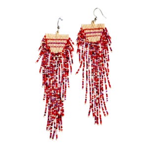 Boho Tassel Dangle Earrings: Red Czech Seed Beads, Extra Long