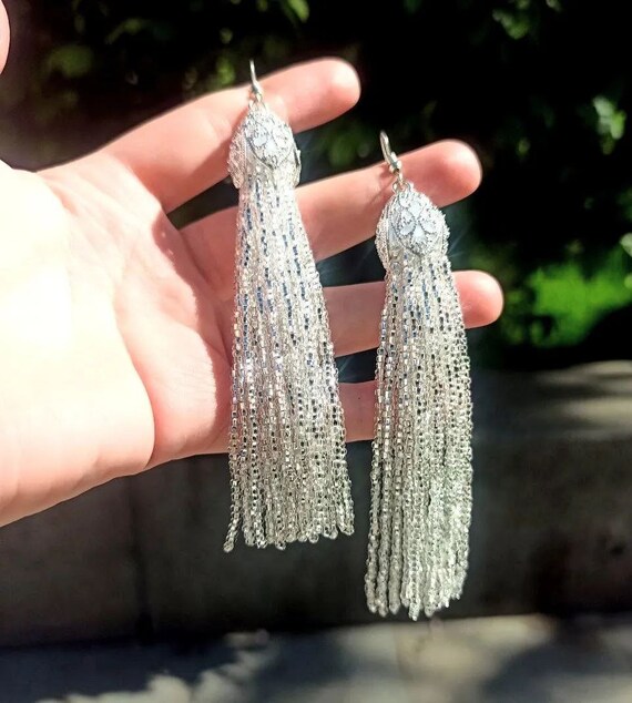 Silver Tassel Earrings Beaded Earrings Silver Long Earrings