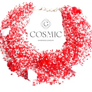 White and Red Beads Necklace - Unique Valentine&#39;s Day Gift, Red heart necklace, red beaded necklace, pearl native chunky handmade necklace