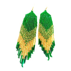 Green gold earrings, handmade beaded wedding earrings, fringe gift earrings, long beaded earrings, mexican beaded earrings, charm earrings