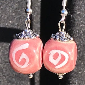 Pink ceramic cube-shaped beaded dangle earrings