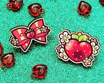 Strawberry & Bow wood pins