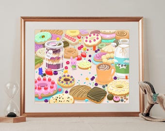 Donut Dessert Print, Cute Animals Art (Letter Size)