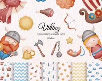 Viking clipart PNG, Digital paper, Sticker for scrapbook, Vikings watercolor clip art