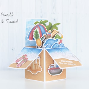 Tarjeta de caja emergente de vacaciones sorpresa, viaje de revelación sorpresa, invitación de viaje