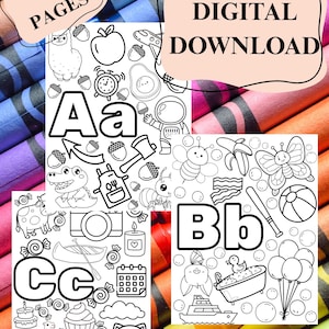 Printable ABC Coloring Book for Kids – Digital Download Alphabet Activity, A to Z Letters & Objects, Preschool and Toddler Learning PDF