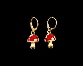 Gold & Red Mushroom Witchy Drops Wiccan and Pagan Mushroome Earrings