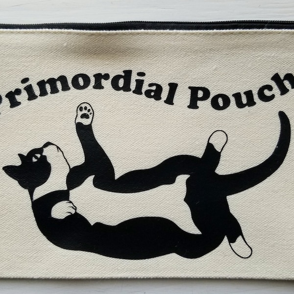 Primordial Pouch - 8 x 5 inch canvas pouch/pencil case/make-up bag featuring a cute vinyl tuxedo cat illustration