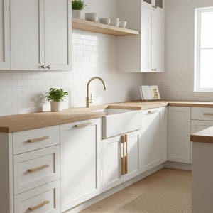May include: A bright, modern kitchen with white cabinets, wooden countertops, and a white farmhouse sink. The kitchen features gold hardware, a gold faucet, and a small rug. A small plant sits on the countertop.