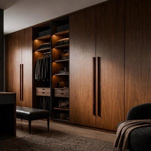 May include: A large, floor-to-ceiling dark wood wardrobe system with vertical handles, featuring an open central section with integrated warm interior lighting, multiple shelves, hanging rods for clothing, and small storage drawers.