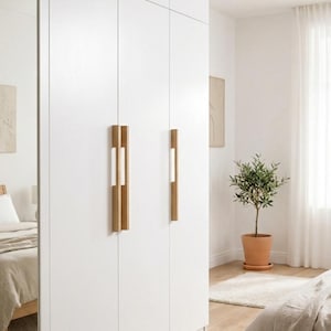 May include: A white wardrobe with wooden handles. The wardrobe has a full-length mirror on the left side. A small potted plant sits in the corner of the room. The room has hardwood floors and a neutral color palette.