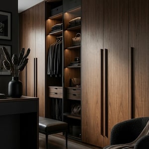 May include: A floor-to-ceiling dark wood wardrobe system with vertical handles, featuring integrated interior lighting, open shelving, hanging rods, and drawers. The unit includes a central glass-fronted section displaying folded garments, handbags, and accessories.