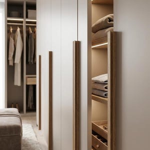May include: A modern, built-in closet with light-colored doors and wooden handles. The open section reveals shelves with folded clothes, a hat, and a jewelry box. The closet is well-lit, showcasing a clean and organized storage space.