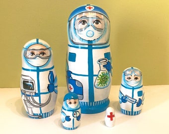Doctor and Nurses Nesting Doll: Hand-Painted Matryoshka Set (5pcs), Medicine Office Decor