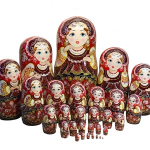 NEW Big Size Nesting Doll 30pcs 46cm, Ukrainian Girls in Red Dresses, Petrykivka Style Matryoshka Babushka, Personalized Cute Birthday Gift