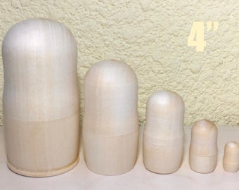 Blank Nesting Doll 4" 5 pcs, Ready to Ship, Unpainted Blank Matryoshka, Set Unpainted, DIY, Painting with Kids