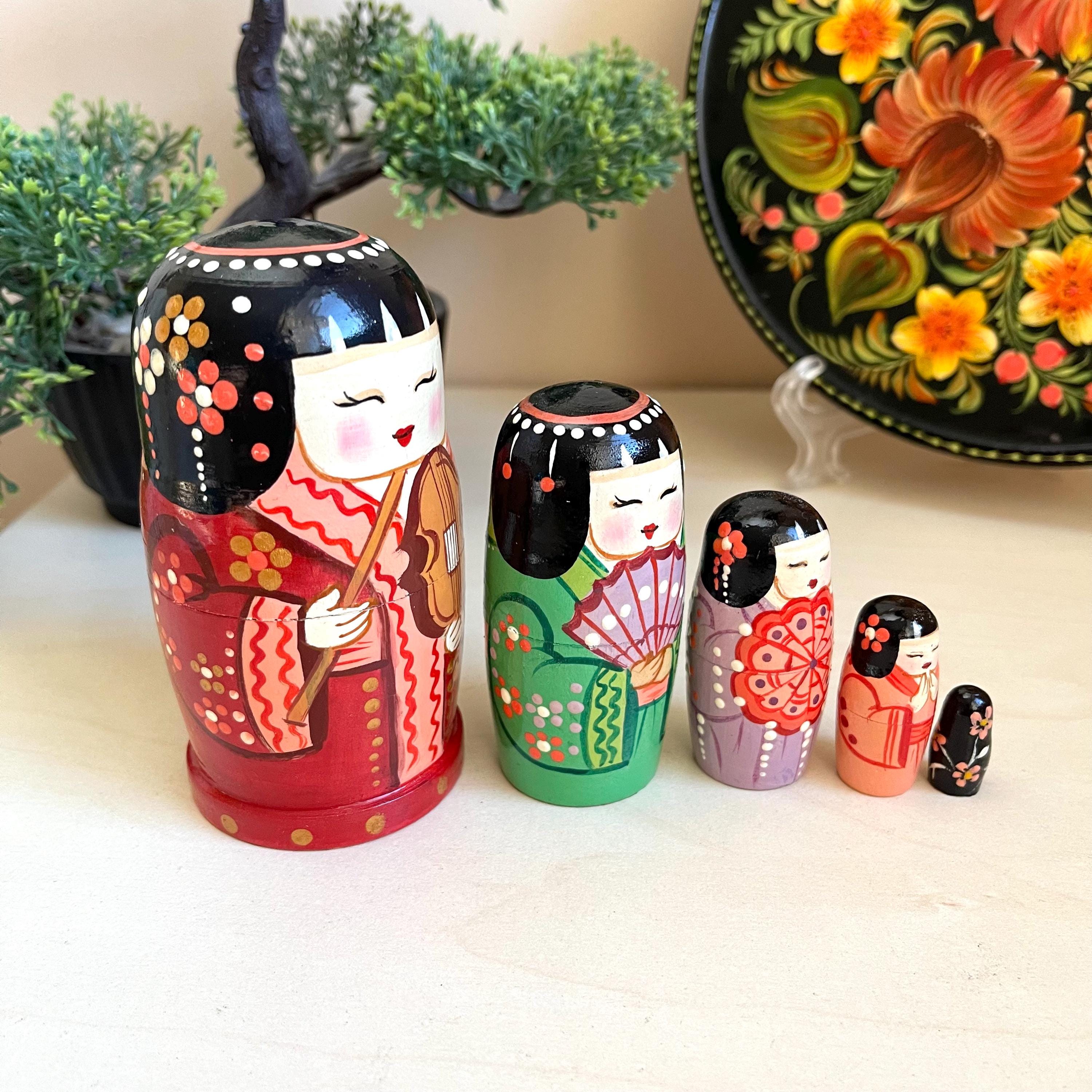 Asian Girls With Violin Nesting Doll 5pcs, Ukrainian Art