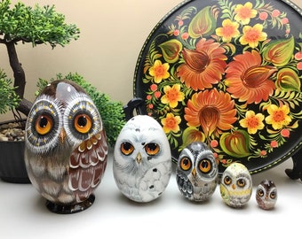 Owl Nesting Eggs 5pcs, HandPainted Owl Family Matryoshka, Wooden Woodland Animals Stacking Doll, Bird Lover Gift